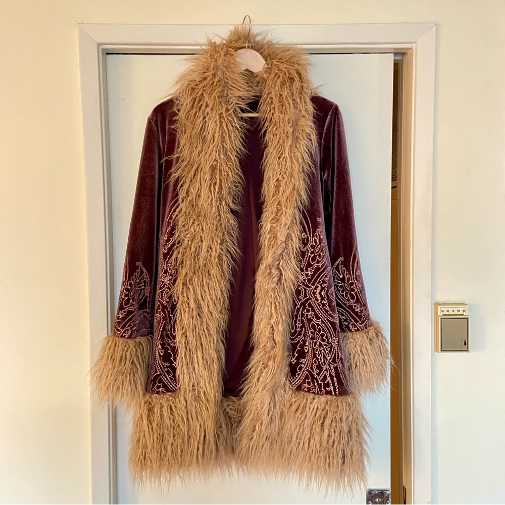 Velvet Faux Fur Trimmed Coat